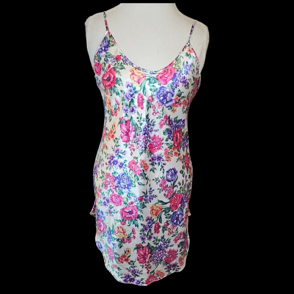 90s Satin White Floral Mini Slip Dress Pink Purple Size S Small Low Back Short - Picture 2 of 11